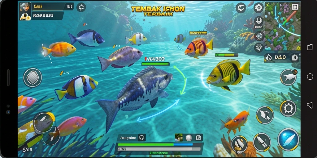 Screenshot NX303 menampilkan aksi seru menembak ikan di bawah laut.